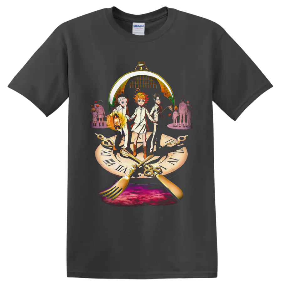 Emma, Norman and Ray beneath a golden pocket watch in dramatic anime clock art on a Charcoal T Shirt