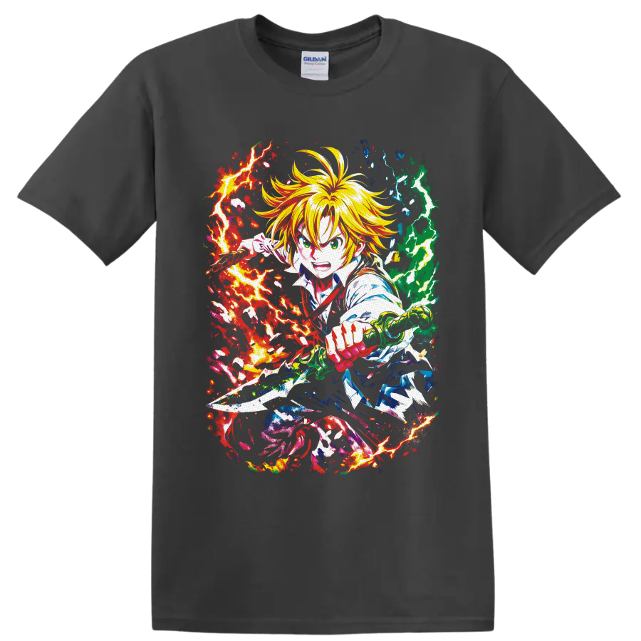 Meliodas with sword amid red, green, and blue lightning in dynamic anime battle art on a Charcoal T Shirt