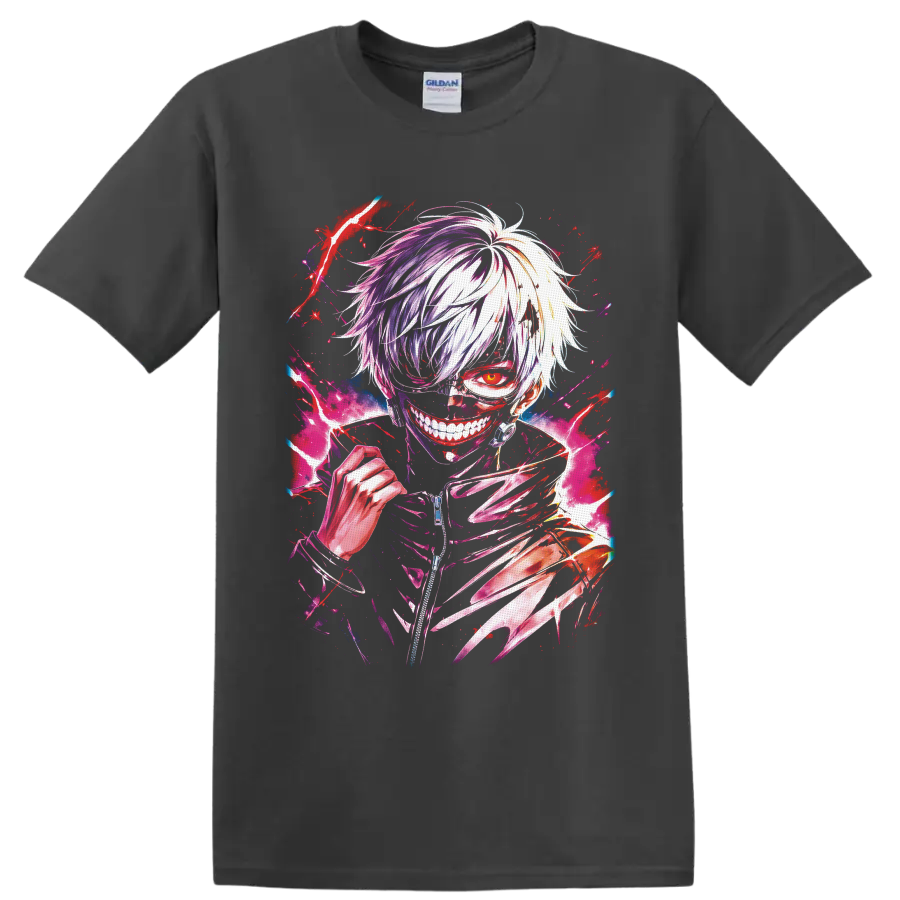 Ken Kaneki Tokyo Ghoul anime portrait with red eye, masked grin, and kagune claws on a Charcoal T Shirt