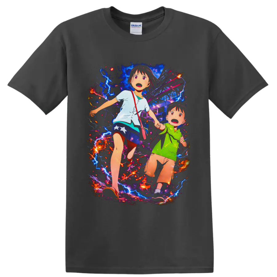 Mirai and Yuuki anime disaster scene with lightning, sparks, and a damaged city on a Charcoal T Shirt