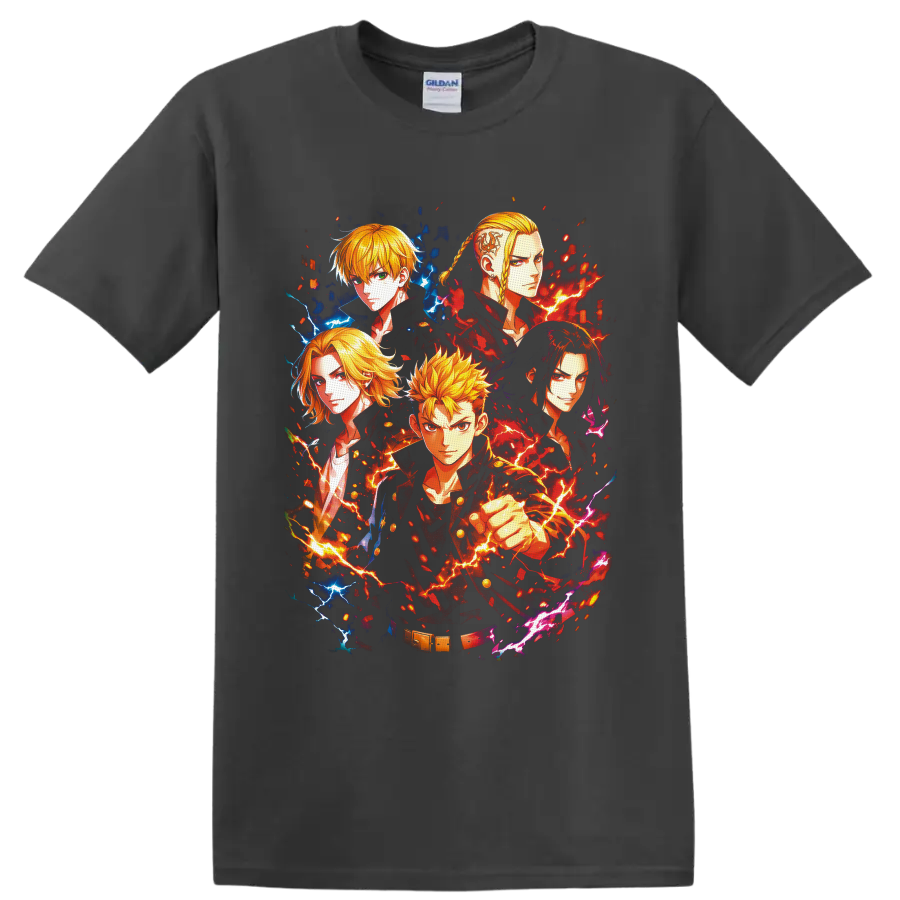 Tokyo Revengers character collage with Takemichi, Mikey, Draken, and fiery lightning on a Charcoal T Shirt