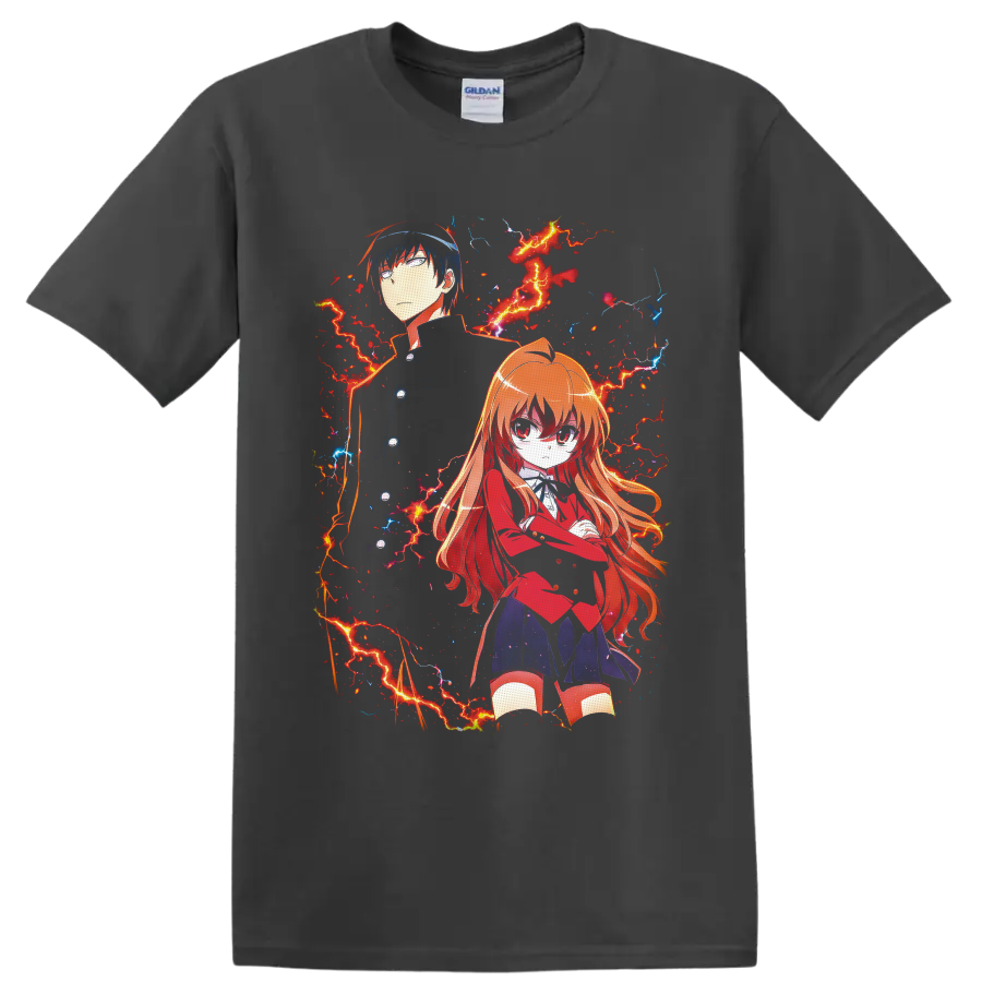 Taiga Aisaka and Ryuji Takasu anime art with red and blue lightning on a Charcoal T Shirt