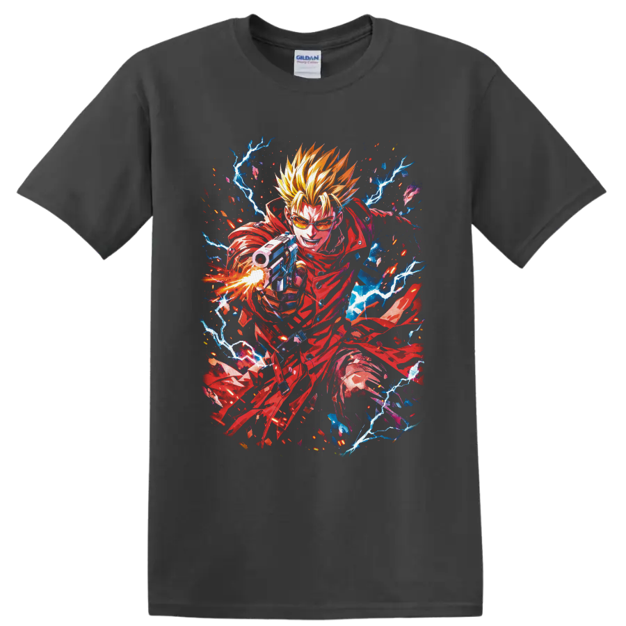 Vash the Stampede in red coat with gunfire, lightning, and vivid anime action art on a Charcoal T Shirt