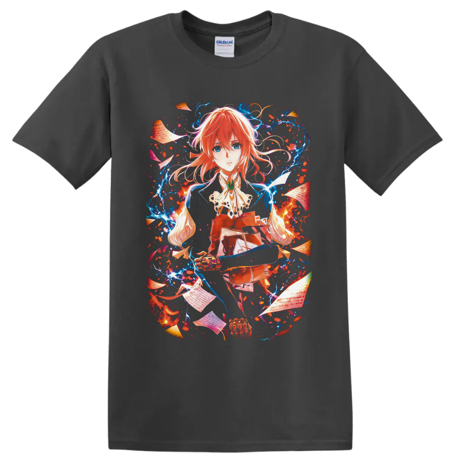 Violet Evergarden anime portrait with floating letters, petals, and glowing blue energy on a Charcoal T Shirt