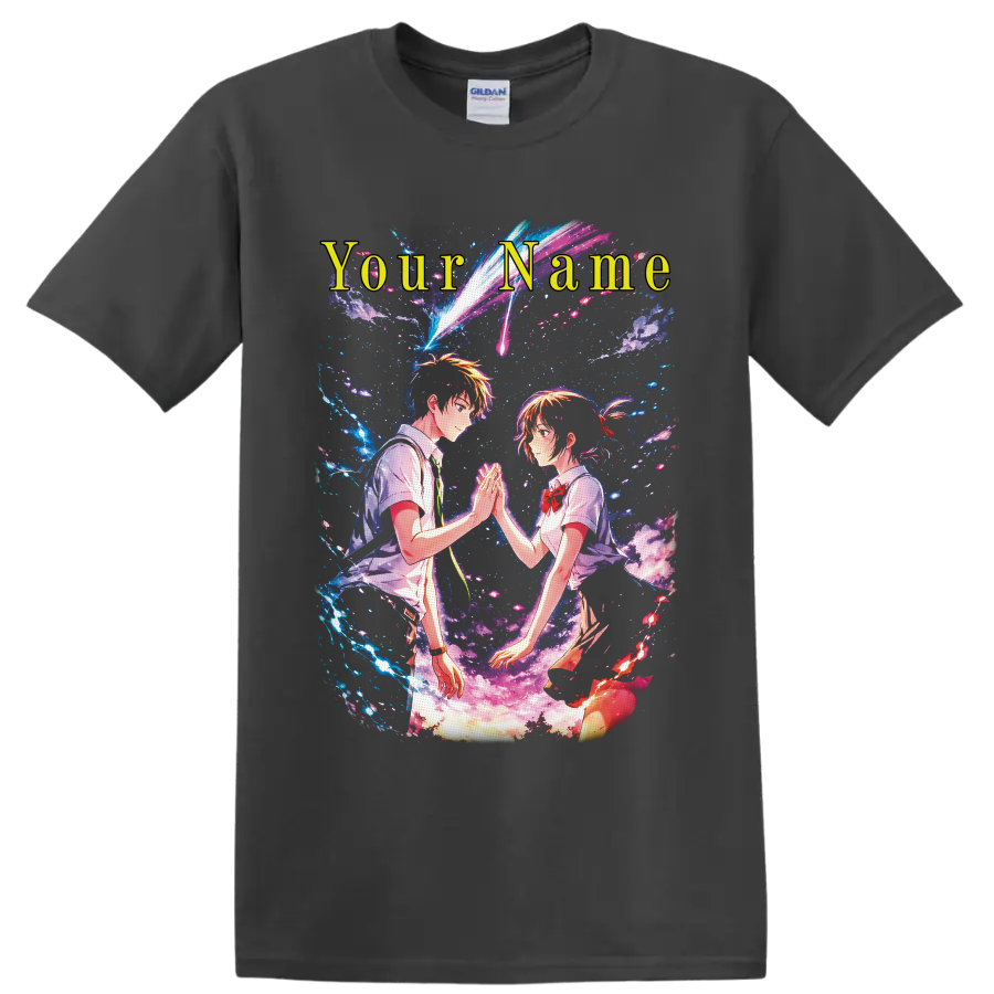 Yoshiki and Hikaru cosmic anime crossover with Your Name text and comet trails on a Charcoal T Shirt
