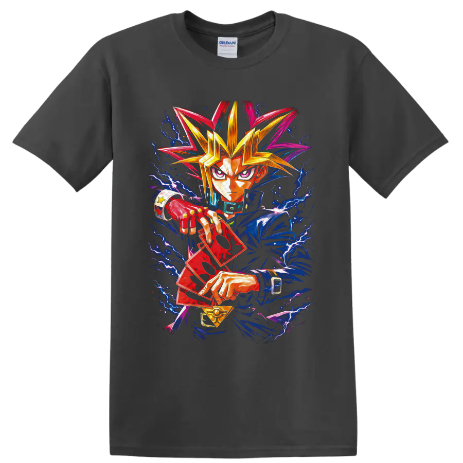 Yami Yugi with red duel cards, golden pendant, and electric lightning anime art on a Charcoal T Shirt