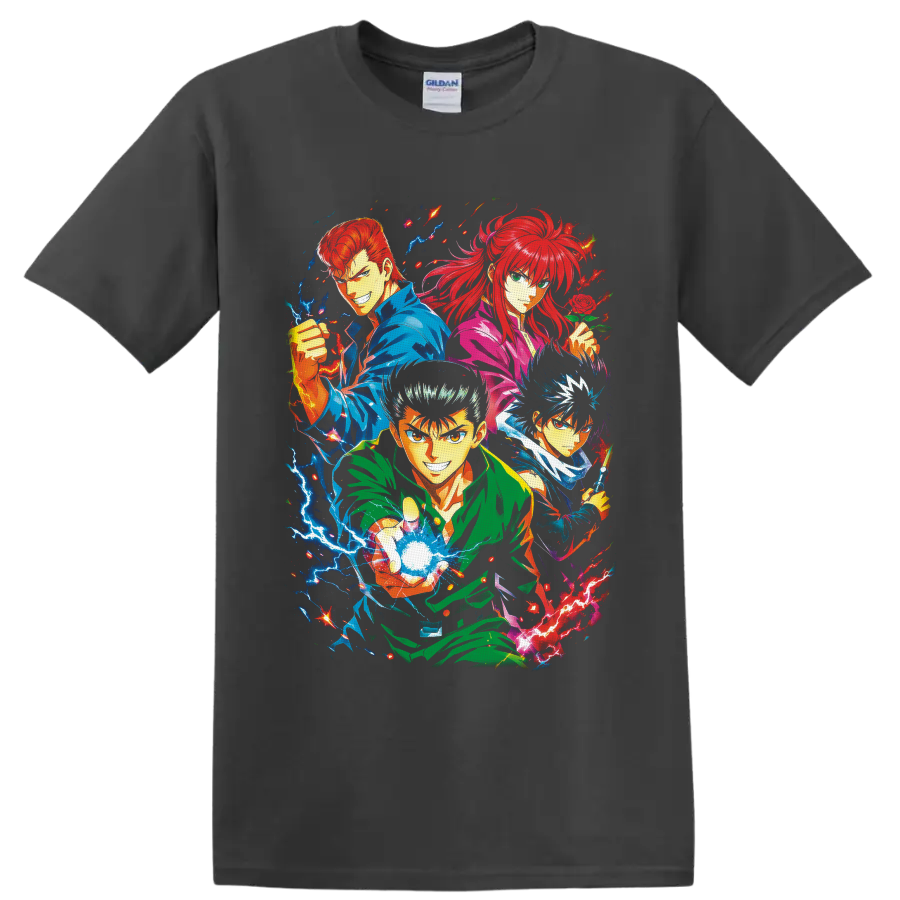 YuYu Hakusho team anime collage with Yusuke, Kuwabara, Kurama, Hiei and electric energy on a Charcoal T Shirt