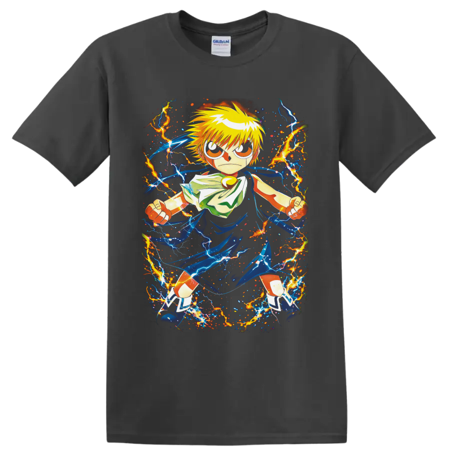 Zatch Bell anime hero surrounded by blue energy ribbons and orange lightning on a Charcoal T Shirt