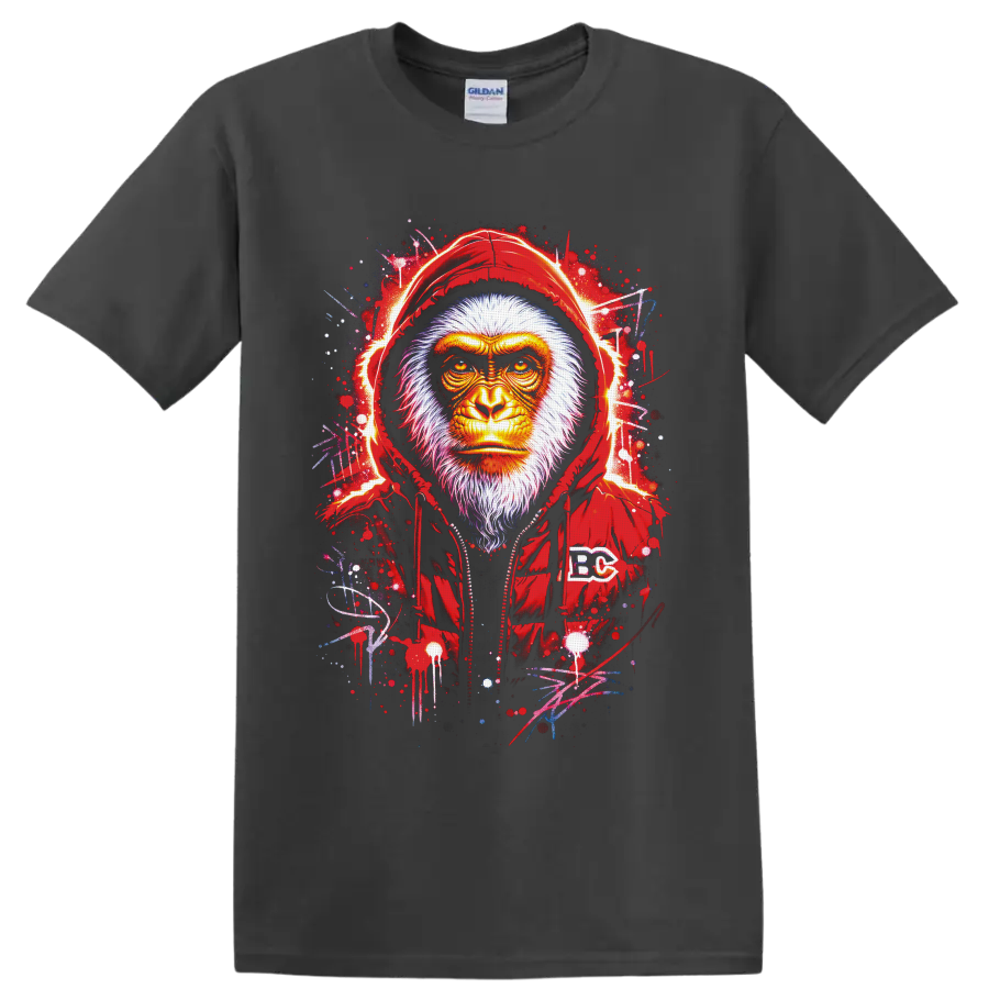 Fierce hooded gorilla portrait with paint splatters and graffiti-style strokes on a Charcoal T Shirt