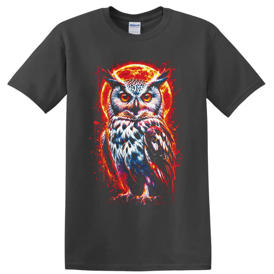 Neon owl with fiery eyes before a glowing moon in vivid gothic splatter art on a Charcoal T Shirt
