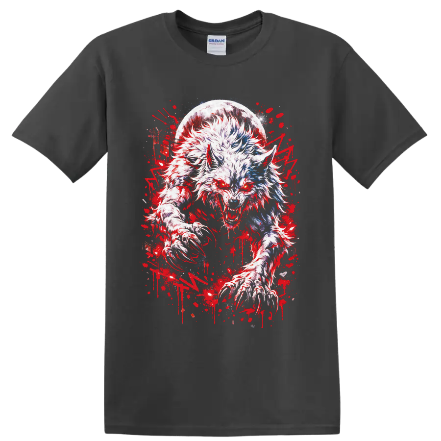 Snarling werewolf beneath a full moon in red splatter gothic horror art on a Charcoal T Shirt