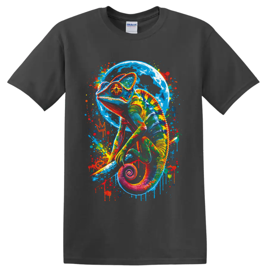 Colorful chameleon with blue moon backdrop and vibrant paint-splatter graffiti art on a Charcoal T Shirt