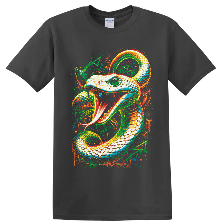 Neon graffiti-style coiled cobra with fangs, green eye, and paint splatters on a Charcoal T Shirt