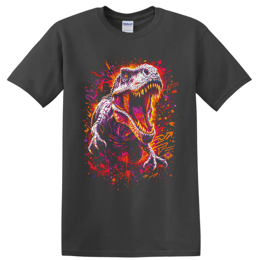 Roaring Tyrannosaurus rex in neon graffiti art with paint splatters on a Charcoal T Shirt