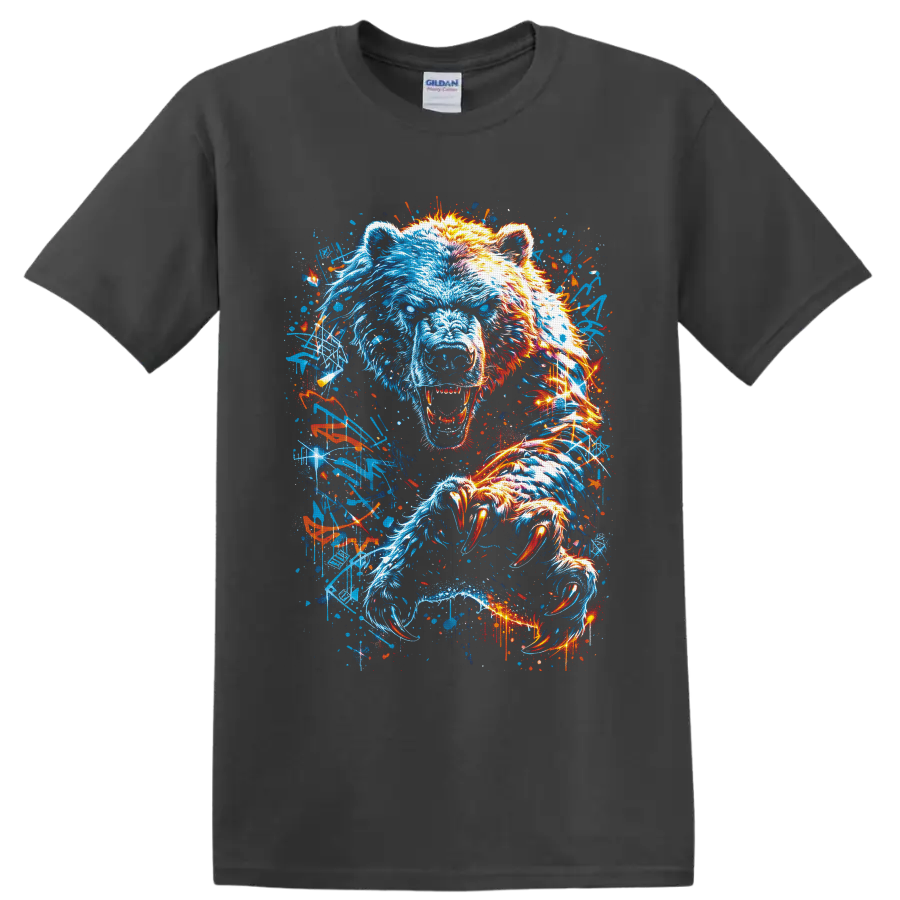 Roaring polar bear with neon blue and orange graffiti-style claws on a Charcoal T Shirt