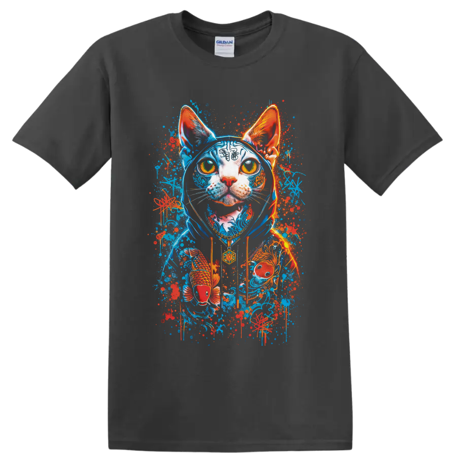 Neon graffiti hairless cat portrait with koi fish, waves, and paint splatters on a Charcoal T Shirt