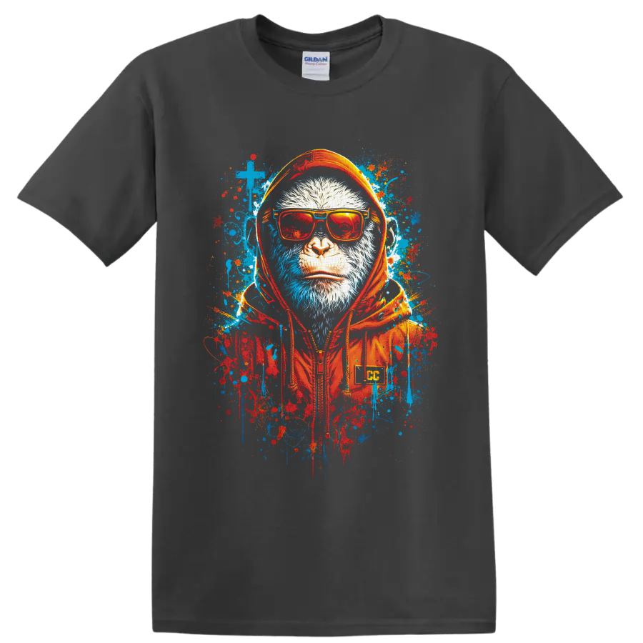 Monkey in red sunglasses and orange headphones with blue and red graffiti splatters on a Charcoal T Shirt