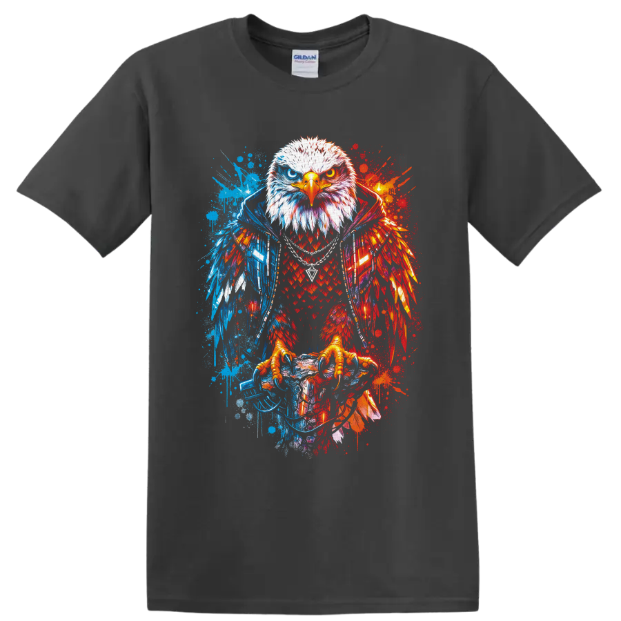 Fierce bald eagle with split red and blue graffiti splatter wings on a Charcoal T Shirt