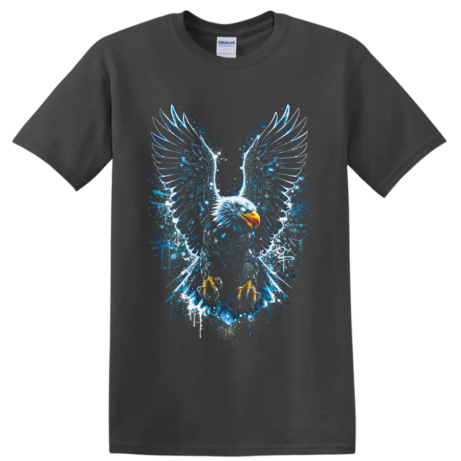 Bald eagle with electric blue grunge wings, splatters, and golden talons on a Charcoal T Shirt