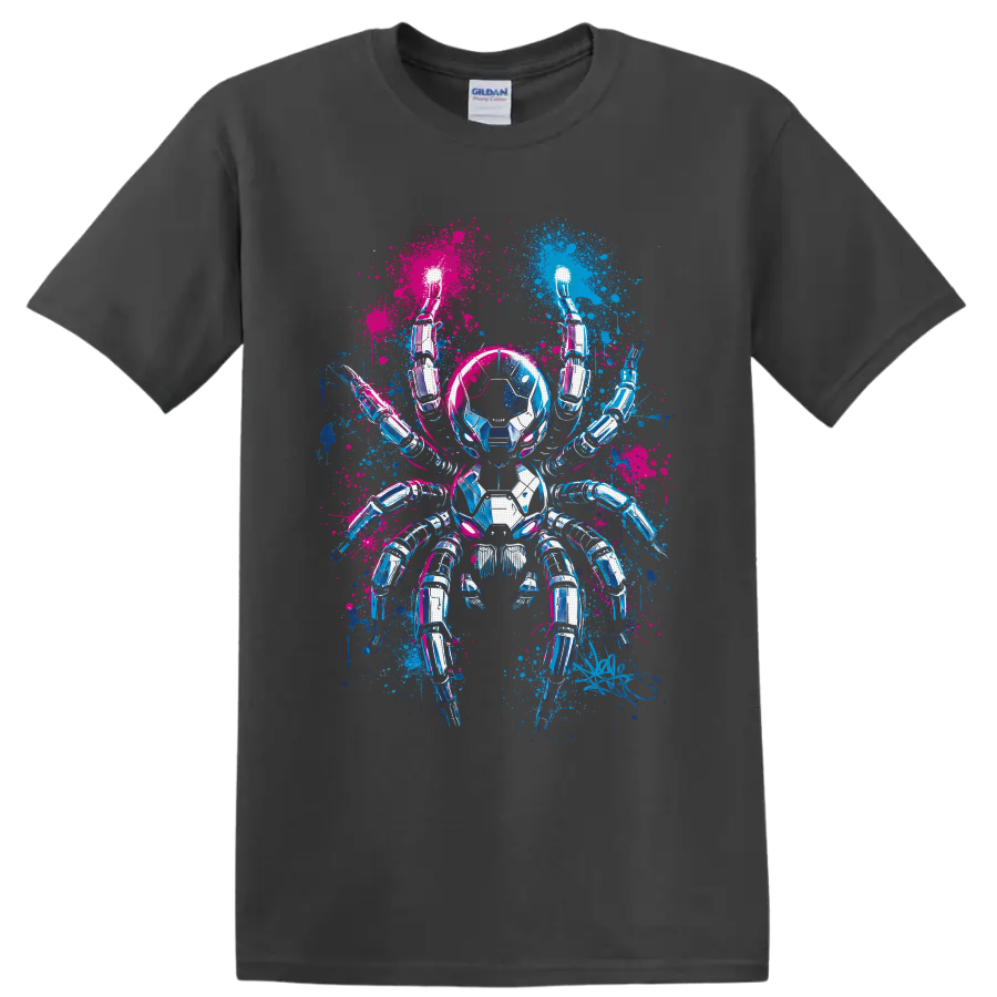 Chrome cyberpunk robotic spider with electric blue and hot pink paint splashes on a Charcoal T Shirt