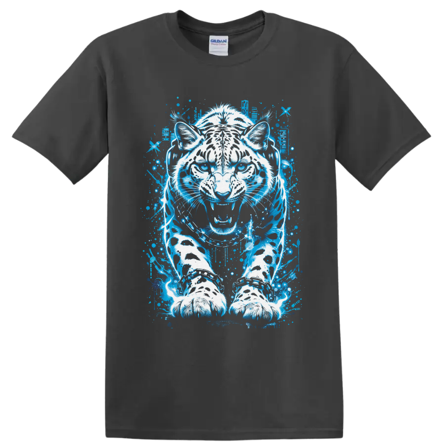 White tiger in headphones with neon blue graffiti-style splatter artwork on a Charcoal T Shirt