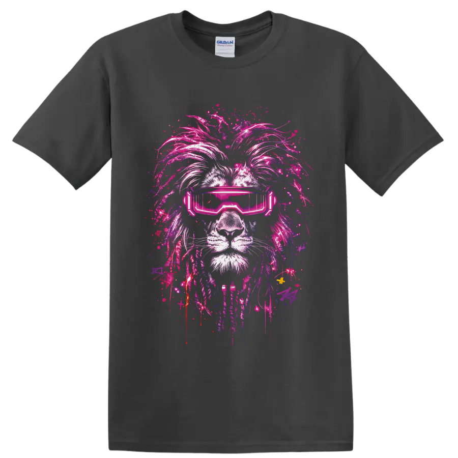Cyberpunk lion portrait with neon pink visor and paint-splattered graffiti mane on a Charcoal T Shirt