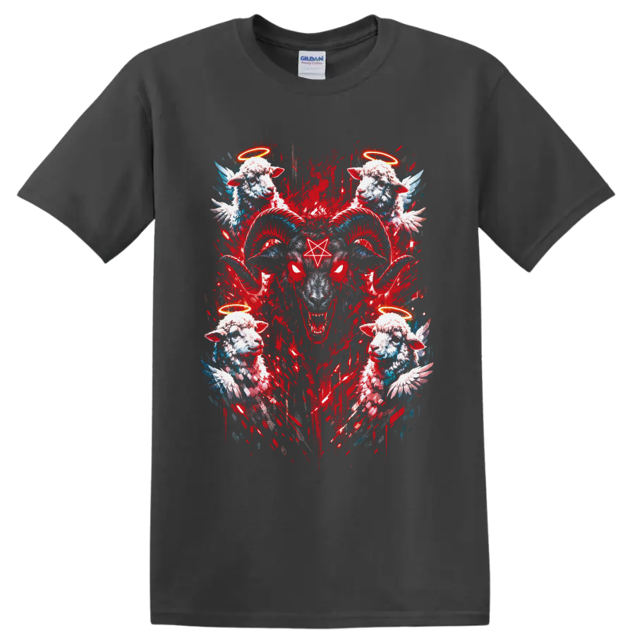 Gothic horned ram with pentagram, angel lambs, halos, wings, and red grunge art on a Charcoal T Shirt