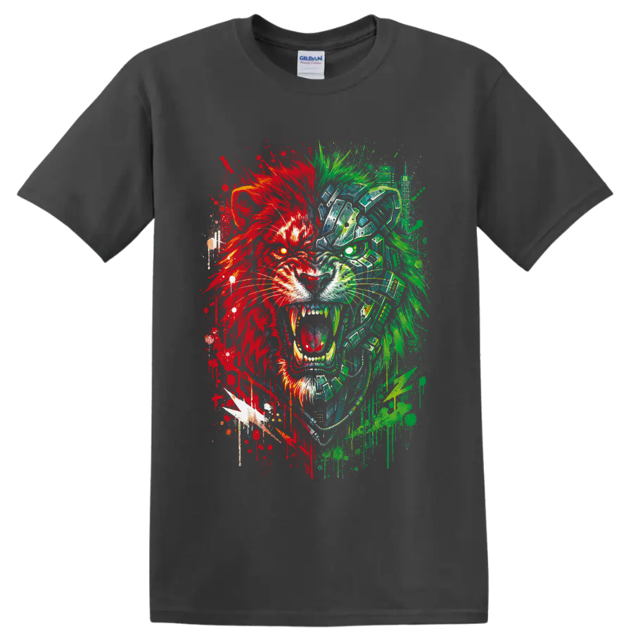 Roaring cyborg lion in red and green glitch graffiti art on a Charcoal T Shirt