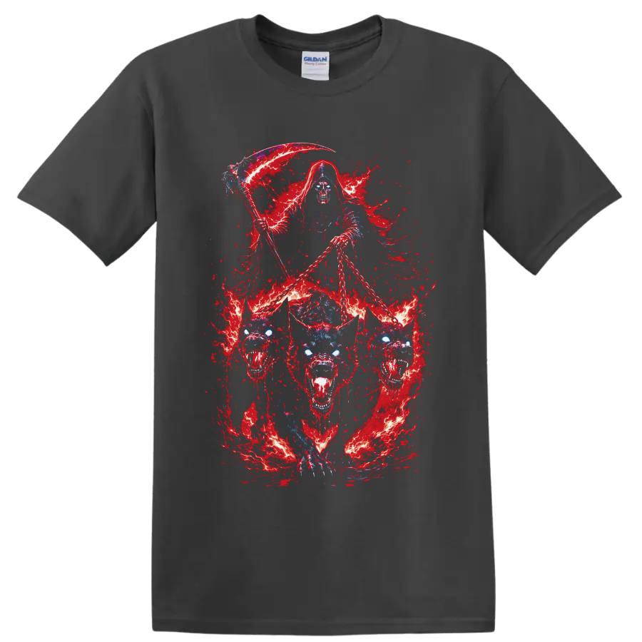 Grim reaper with scythe and chains above a fiery three-headed hellhound on a Charcoal T Shirt