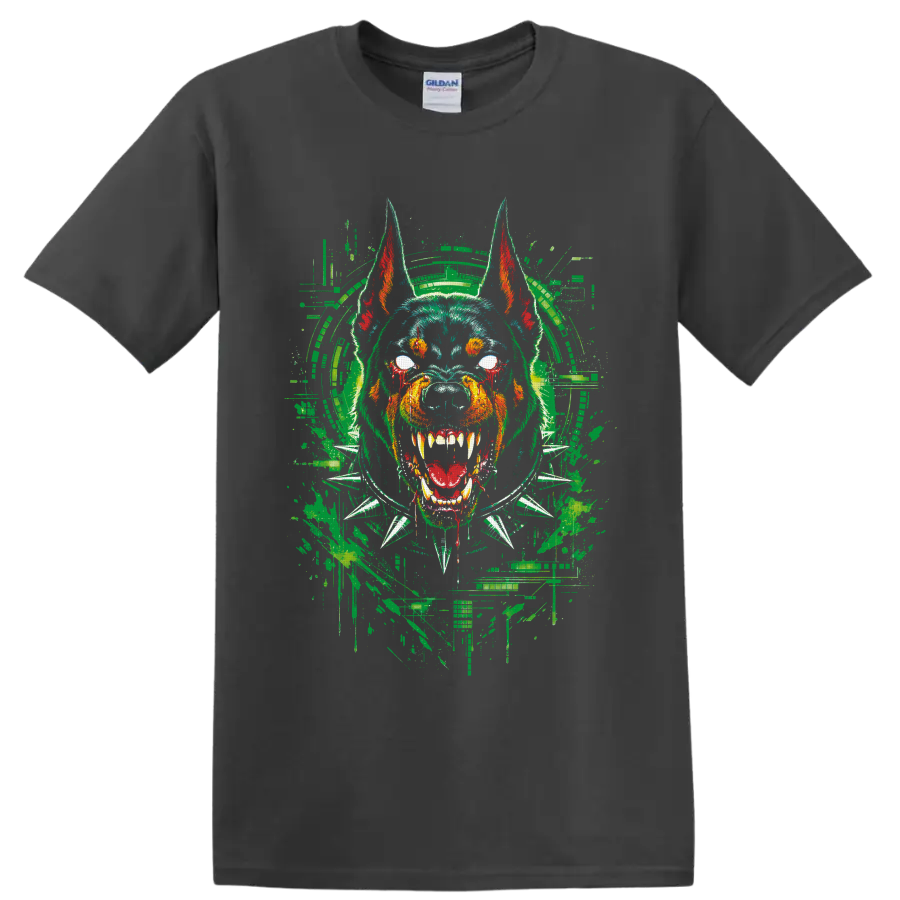 Angry bulldog in headphones and spiked collar with distressed graffiti art on a Charcoal T Shirt