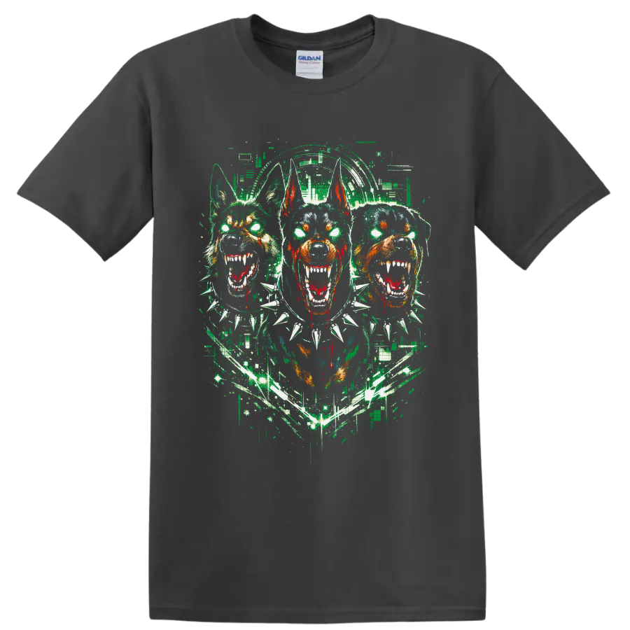 Three snarling Doberman-style dogs in distressed gothic horror street art on a Charcoal T Shirt