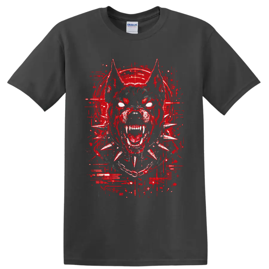 Snarling cyberpunk bulldog with white eyes, fangs, spiked collar, and red glitch art on a Charcoal T Shirt