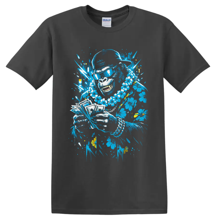 Tropical musician portrait with sunglasses, flower lei, playing cards, and paint splatters on a Charcoal T Shirt