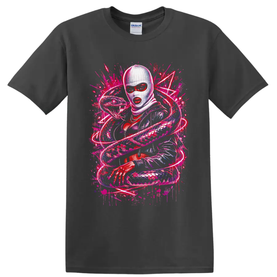 Neon graffiti illustration of a masked woman surrounded by a coiling fanged snake on a Charcoal T Shirt