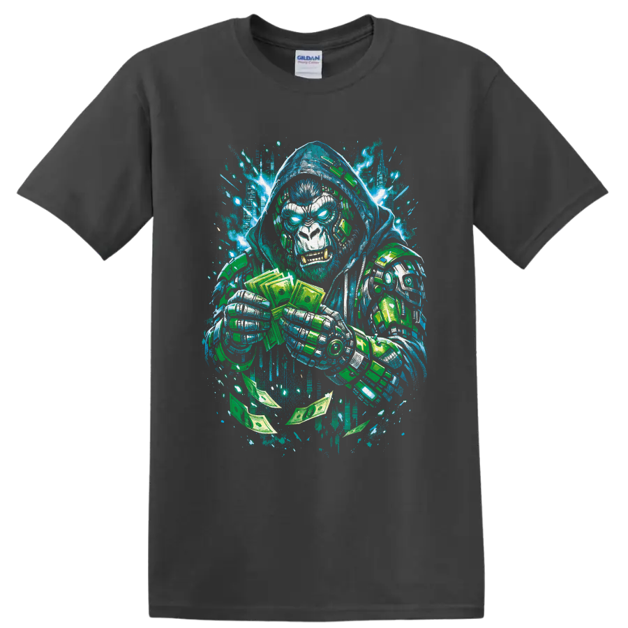 Hooded cyberpunk gorilla with robotic armor, cash, and blaster in graffiti art on a Charcoal T Shirt