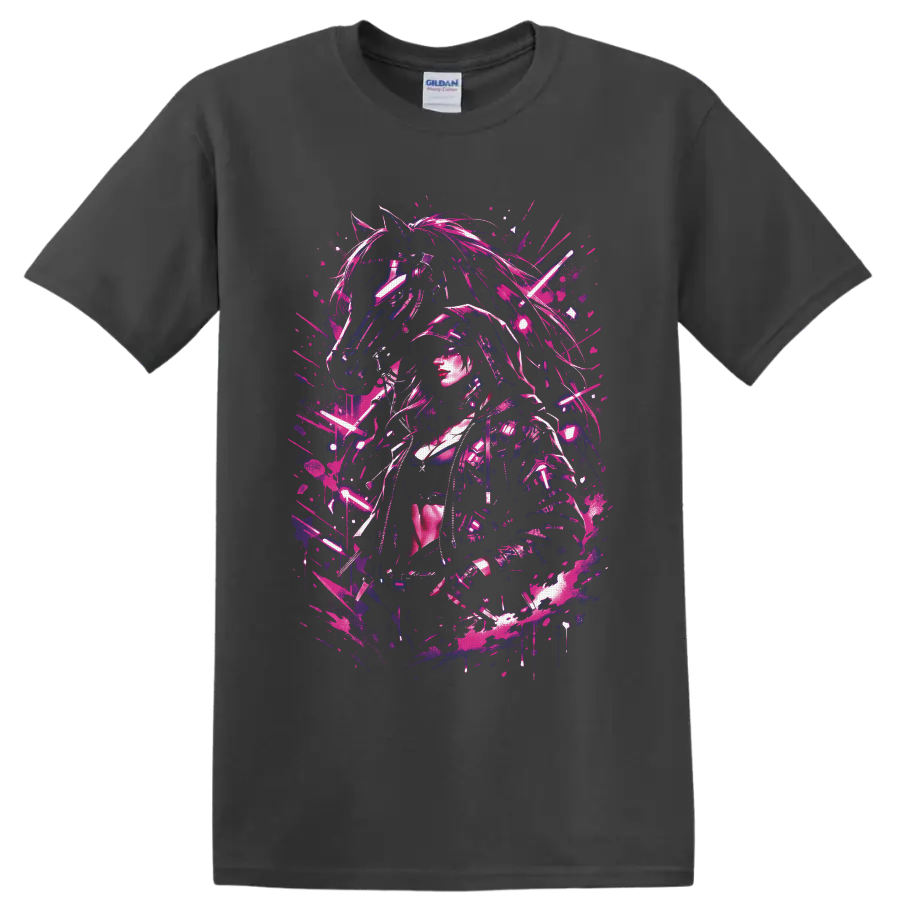 Cyberpunk female warrior and mechanical horse in neon pink and blue glitch art on a Charcoal T Shirt