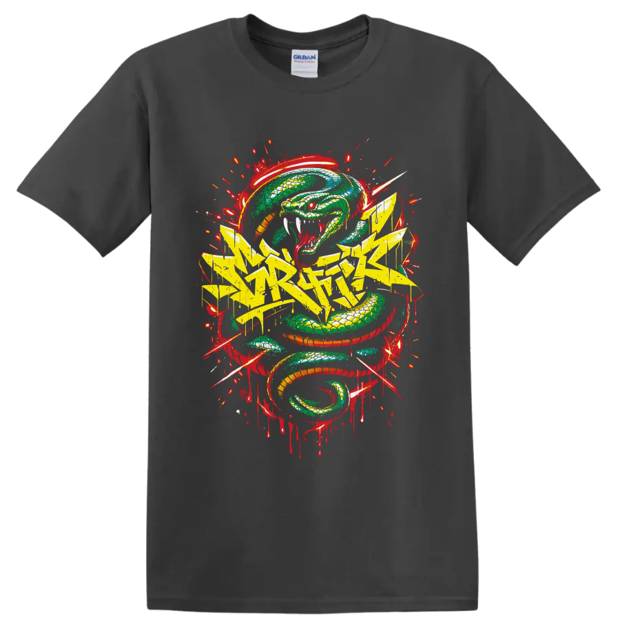 Fierce coiled green serpent with yellow graffiti lettering and red splatter street art on a Charcoal T Shirt