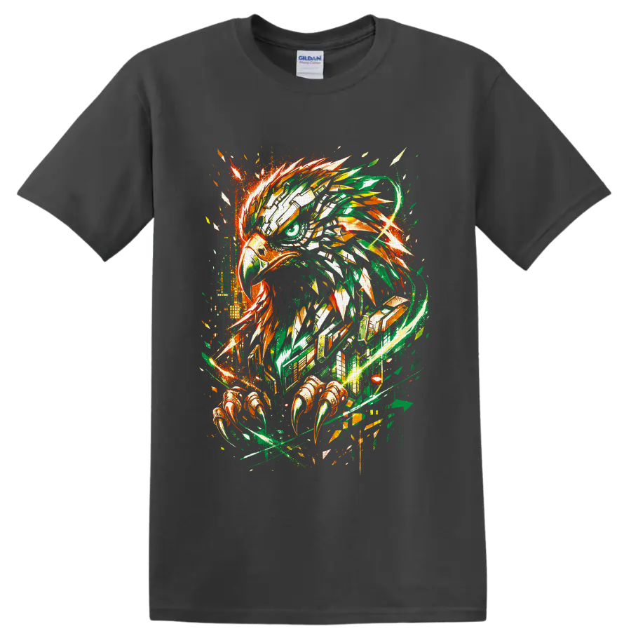 Abstract eagle head with talons in green and orange graffiti-style splatter art on a Charcoal T Shirt