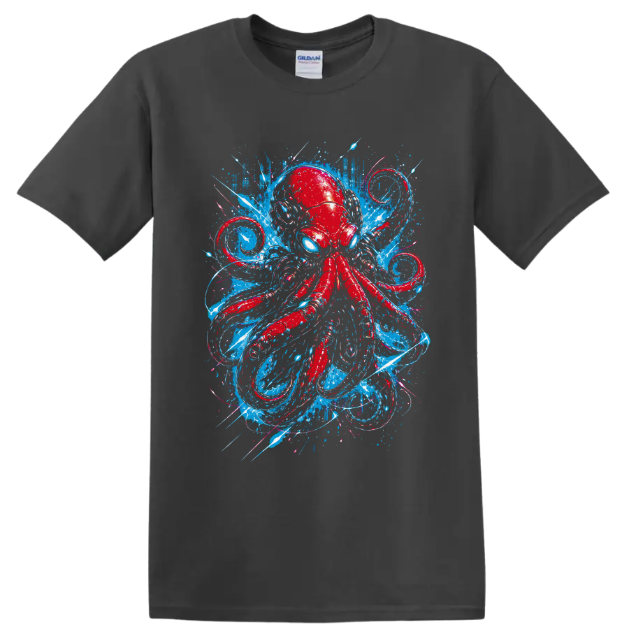 Red octopus with blue eyes in a graffiti-style ocean splash design on a Charcoal T Shirt