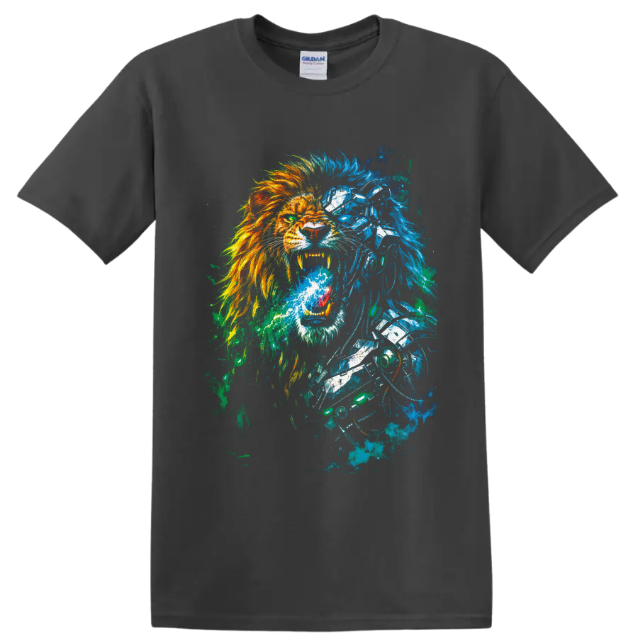 Roaring cyborg lion with fiery mane, blue robotic armor, and cyberpunk paint splatter on a Charcoal T Shirt