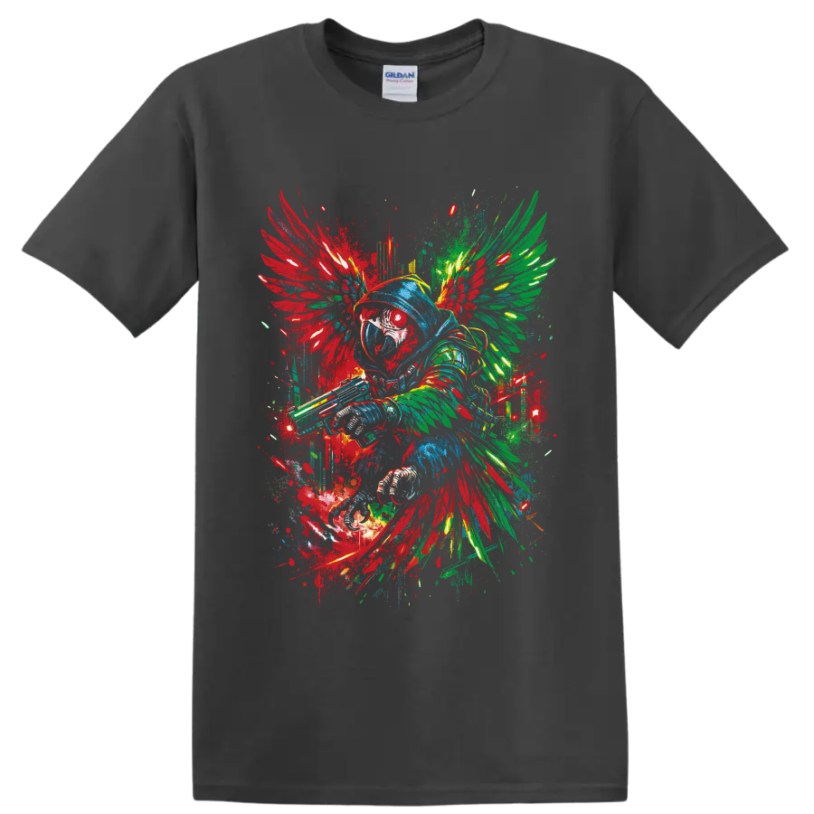 Hooded winged warrior in colorful fantasy graffiti art with paint splatters on a Charcoal T Shirt