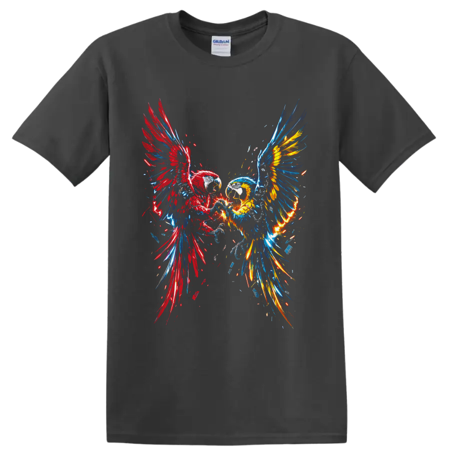 Two bald eagles with red, blue, and gold fire wings in explosive graffiti art on a Charcoal T Shirt