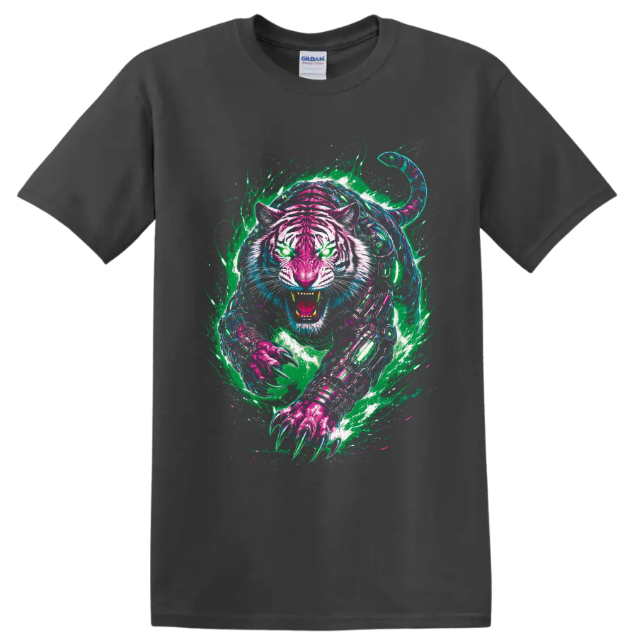 Neon graffiti-style cyberpunk robotic tiger roaring with glowing eyes and extended claws on a Charcoal T Shirt