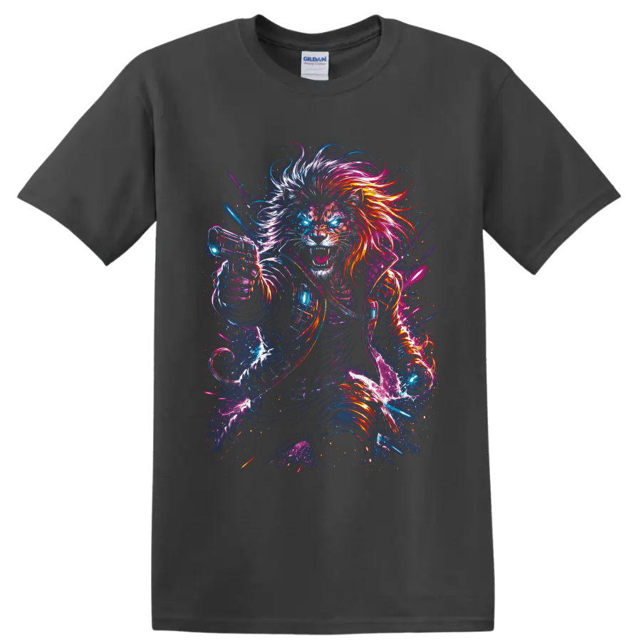 Roaring cyberpunk lion warrior with neon mane, armor, glowing eyes, and sci fi blaster on a Charcoal T Shirt