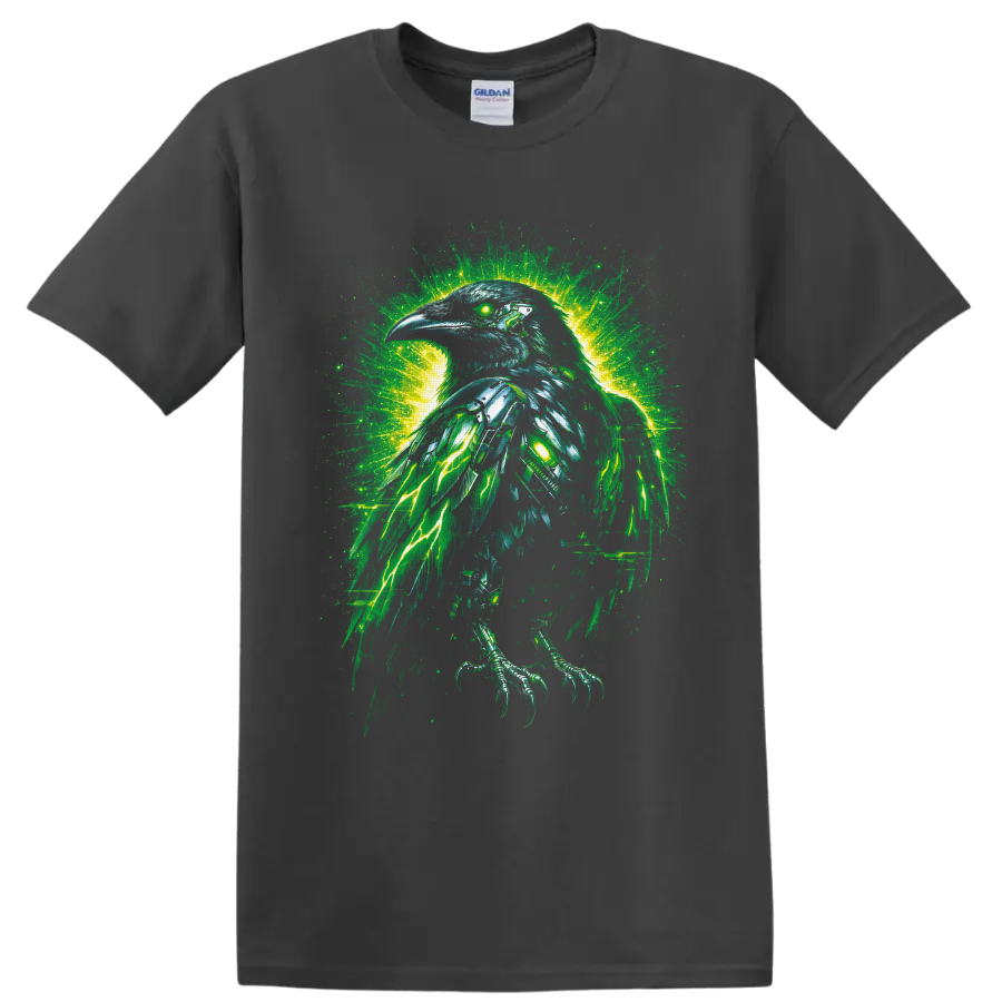Gothic fantasy raven with glowing green eye, teal feathers, and electric lightning on a Charcoal T Shirt