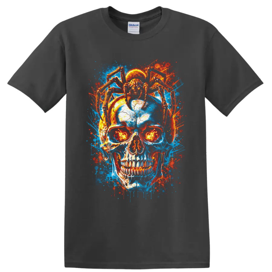 Neon blue and fiery red cracked skull with skeletal spider legs and glowing eyes on a Charcoal T Shirt