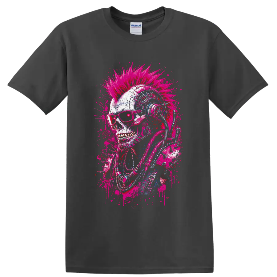 Cyberpunk skull with neon mohawk, sunglasses, futuristic headphones, and cables on a Charcoal T Shirt