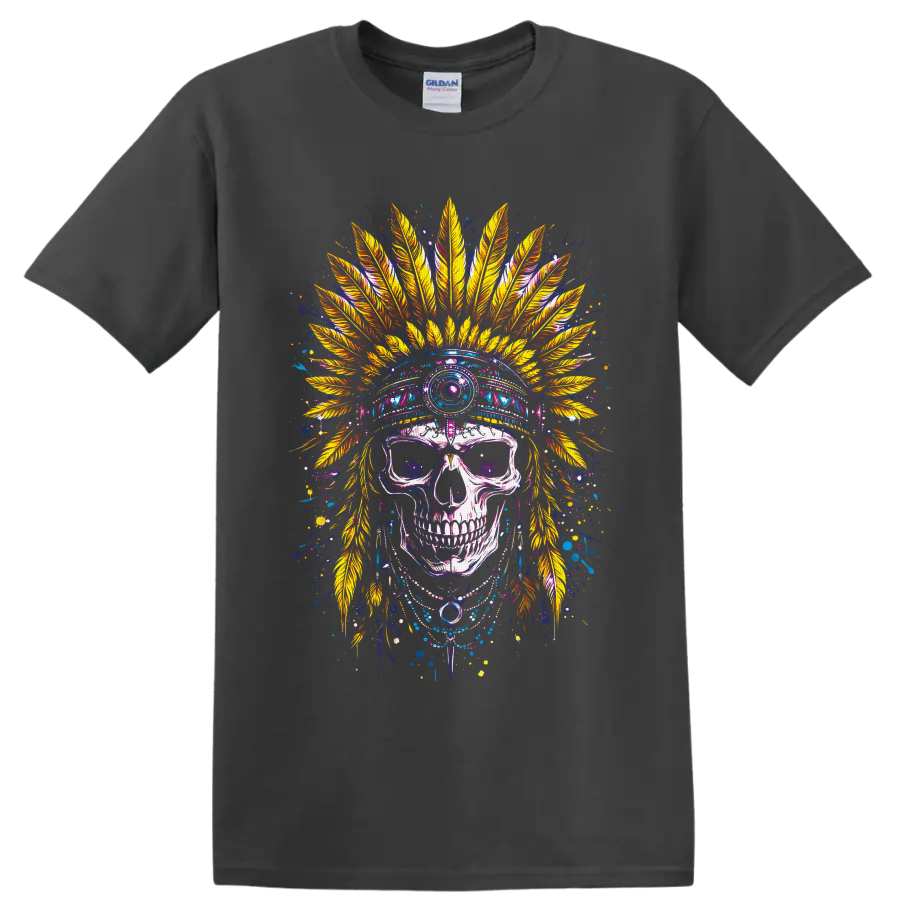 Colorful gothic skull illustration with ornate golden feather headdress and paint on a Charcoal T Shirt