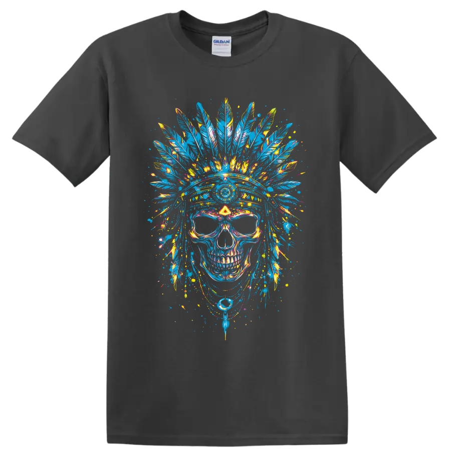Colorful skull with feather headdress in vivid graffiti splatter art on a Charcoal T Shirt