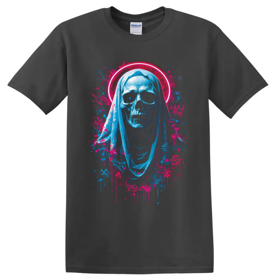 Neon blue hooded Grim Reaper skull with hot-pink halo and graffiti paint splatters on a Charcoal T Shirt